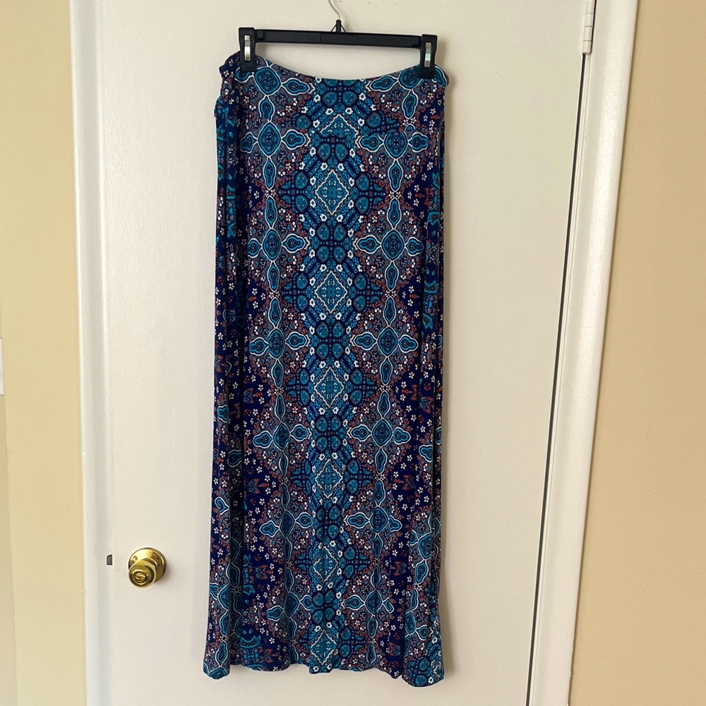 Artisan NY large Blue Orange and White Maxi Skirt, boho geometric kaleidoscope